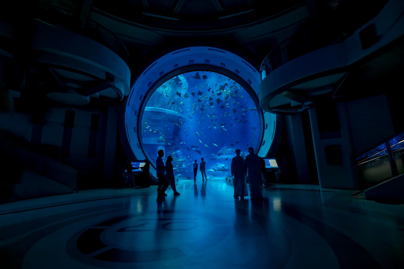 Visitors in silhouette before the round window of SeaWorld's ocean aquarium