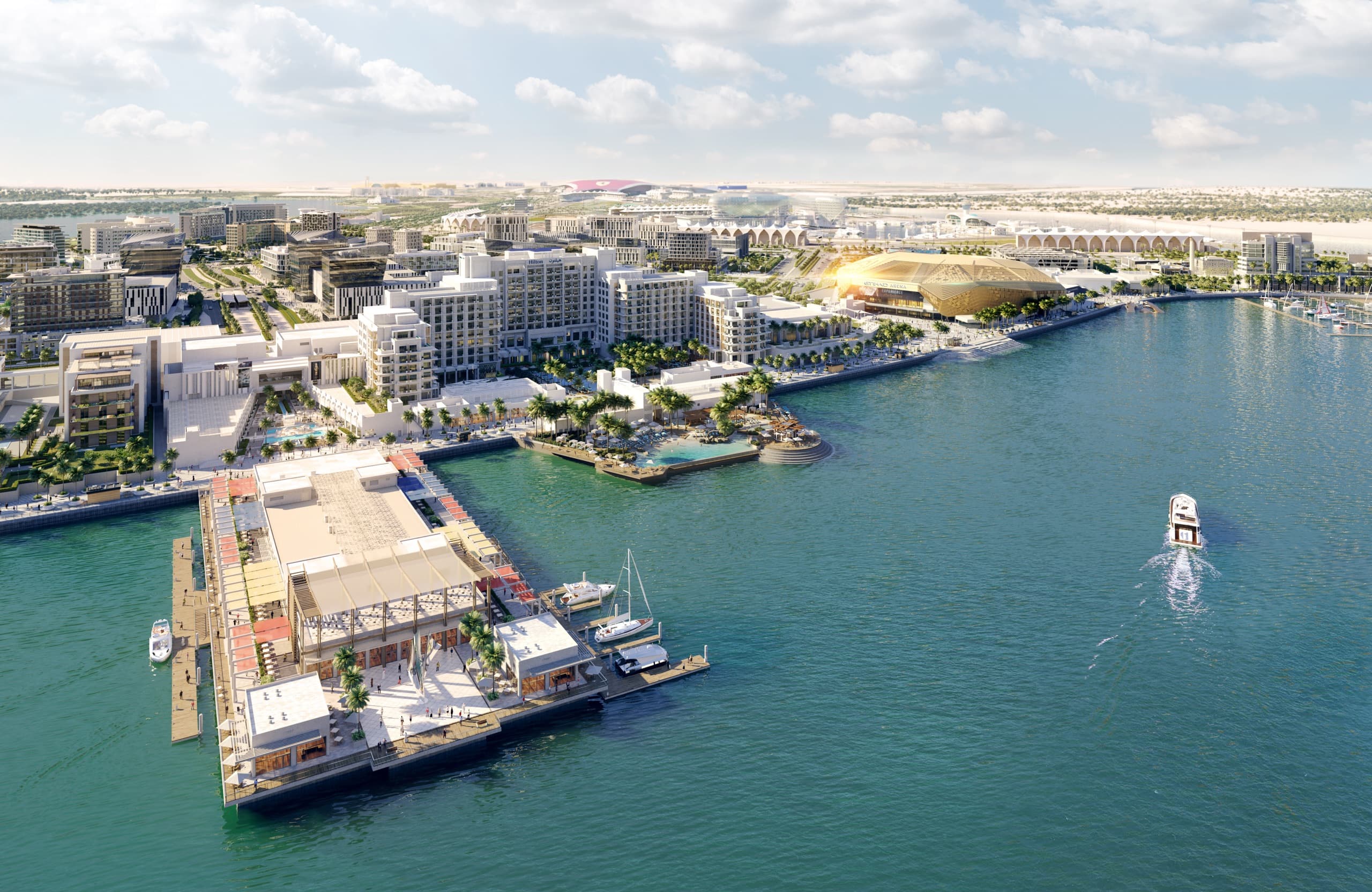 Yas Bay Waterfront from the air, its pier and promenade on the water